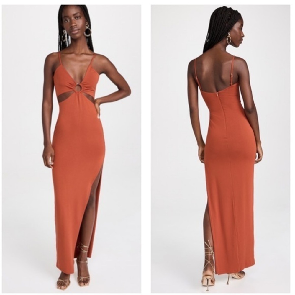 Rumer NWT XL Rust‎ Orange Cutout Slinky High Leg Slit Maxi Dress Ring